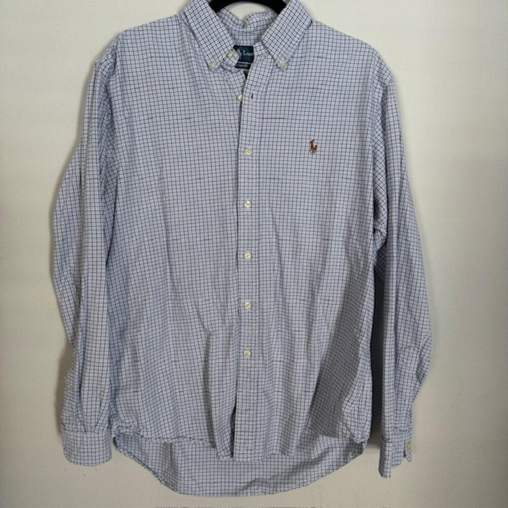 Ralph Lauren Men's Blue Plaid Button Down Custom Fit Shirt Size Large